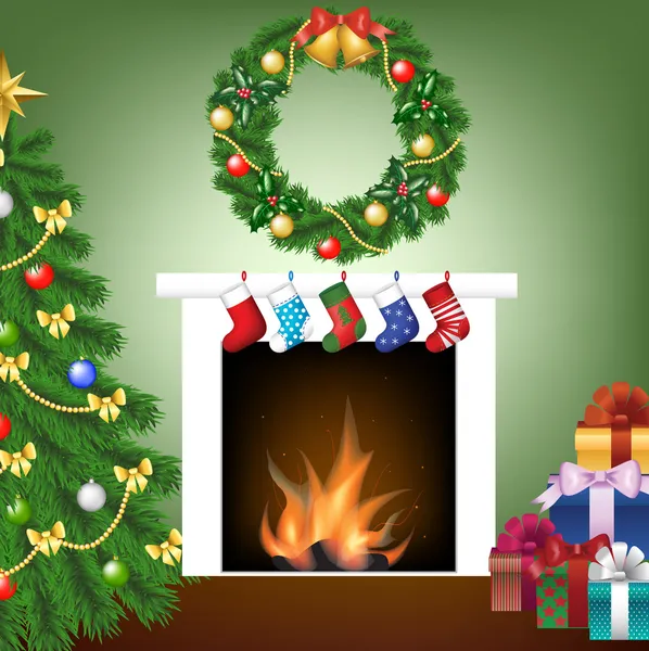 Arbre, cheminée, chaussettes, cadeaux et guirlande — Image vectorielle