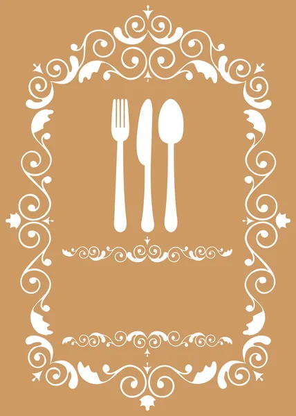 Tenedor, cuchillo y cuchara en marco floral — Vector de stock