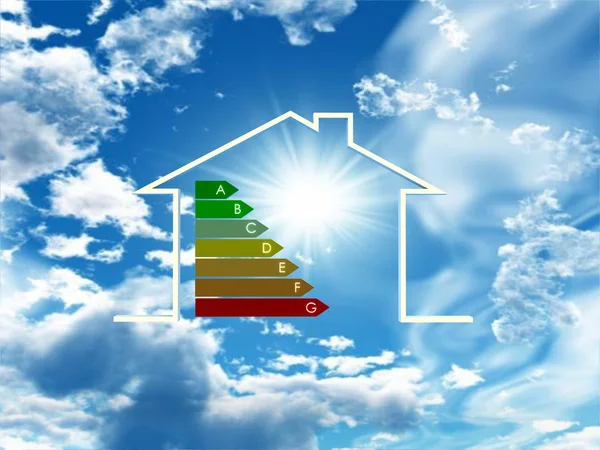 Ilustración 3d de la casa con símbolo de eficiencia energética — Foto de Stock