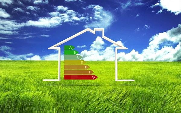 Ilustración 3d de la casa con símbolo de eficiencia energética Fotos de stock libres de derechos