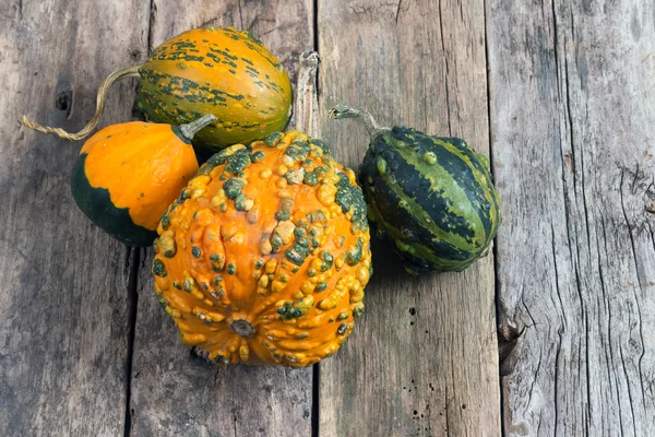 Calabazas sobre una mesa de madera, fondos —  Fotos de Stock