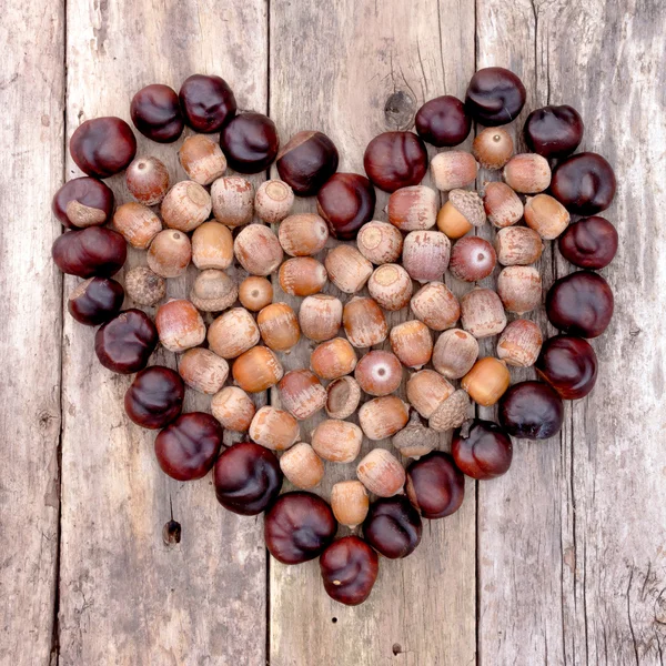 Chestnuts and acorns forming a heart on a wooden background — Stock Photo, Image