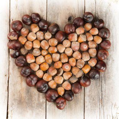 kestane ve meşe palamudu bir ahşap zemin üzerinde bir kalp oluşturan