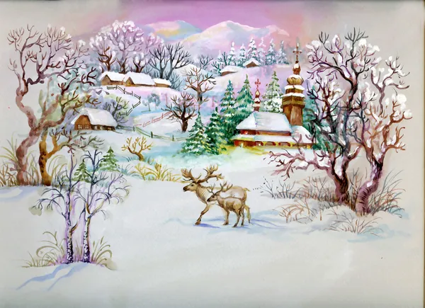 Watercolor Landscape Collection: Winter Village Life — Stock Photo, Image