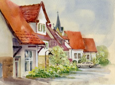Watercolor Landscape Collection: Village Life clipart