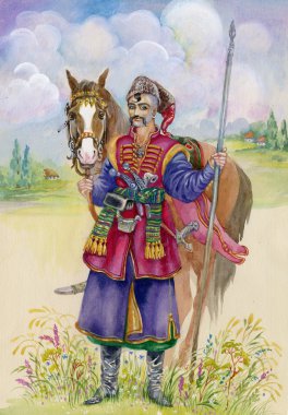 Ukraynalı kazak at etrafında, suluboya