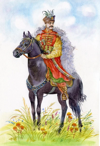 Ουκρανικά Κοζάκος σε ένα μαύρο άλογο — Φωτογραφία Αρχείου
