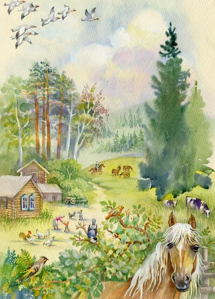 Сельский пейзаж с лошадью — стоковое фото