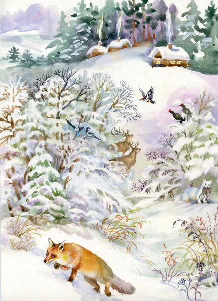 Winterlandschaft mit Haus und Fuchs — Stockfoto