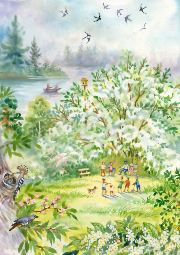 Spring landscape with swallows Stock Photo by ©nadiastar 27308065