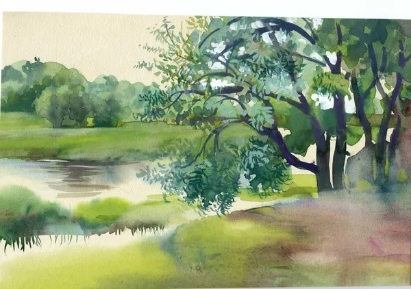 Watercolor Landscape Collection: Near the River — Stock Photo, Image