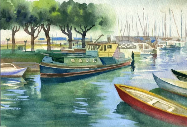 Watercolor Landscape Collection: Boats — Stock Photo, Image