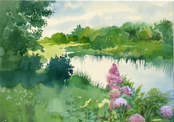 Watercolor Landscape Collection: Near the River — Stock Photo, Image