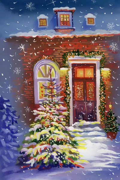 Akvarel dům s vánoční stromeček Royalty Free Stock Obrázky
