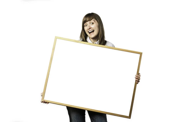 Happy young girl with blank whiteboard — Stock Photo, Image