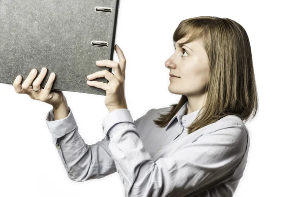 Woman takes a file folder — Stok fotoğraf