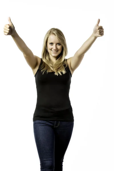 Pretty blond girl helds her two thumbs up — Stock Photo, Image