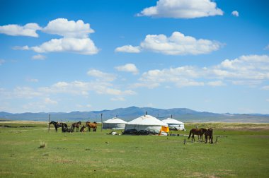 Yurts and horses in Mongolia clipart
