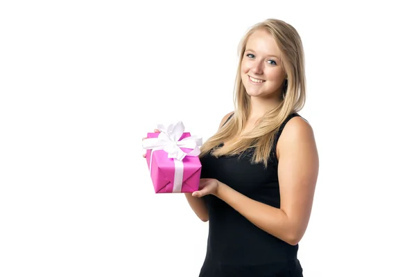 Ragazza bionda con regalo — Foto Stock