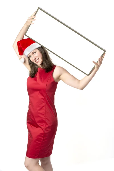 Santa Claus Woman with board over head — Stock Photo, Image