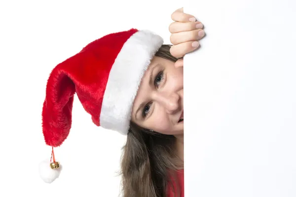 Woman Santa Claus with vertical board — Stock Photo, Image