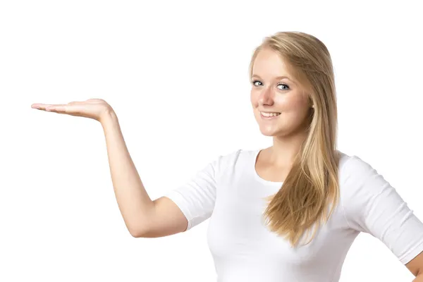 Blond woman presenting — Stock Photo, Image