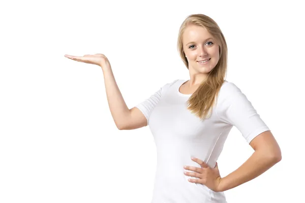 Blond woman presenting — Stock Photo, Image