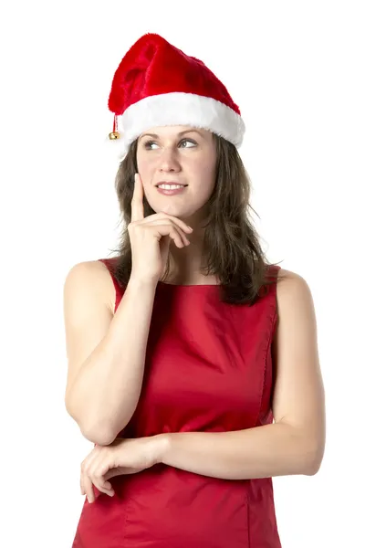 Weihnachtsmann Frau mit Finger auf Wange — Stockfoto