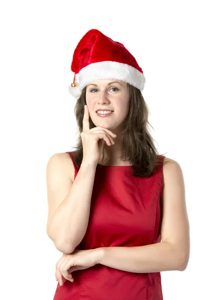 Weihnachtsmann Frau mit Finger auf Wange — Stockfoto