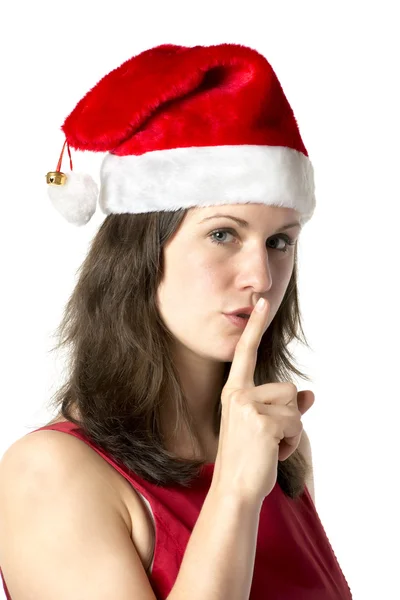 Santa woman with finger at mouth — Stock Photo, Image