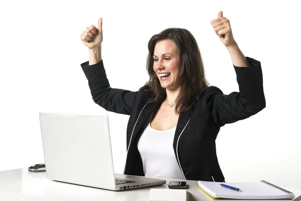 Happy woman in office with thumbs up — Stock Photo, Image