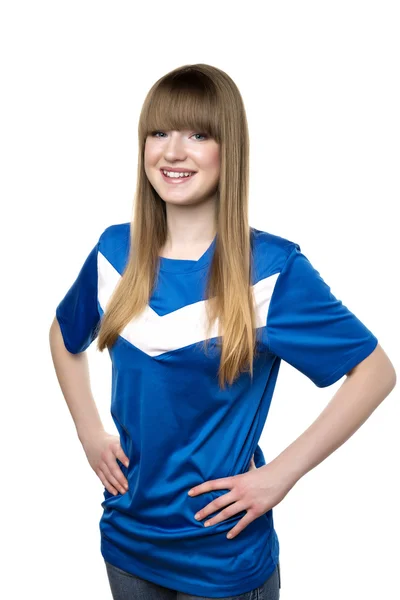 Menina em camisa de futebol — Fotografia de Stock