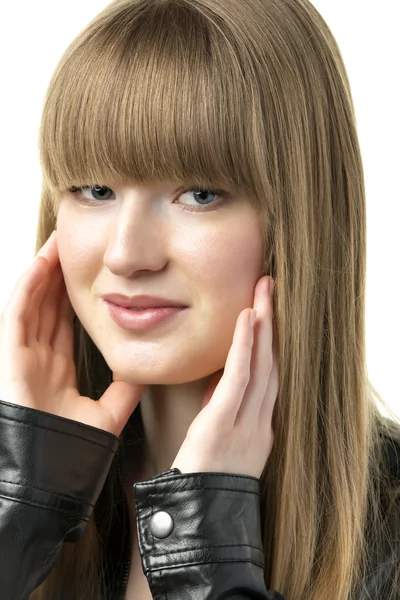 Blond woman with black leather jacket — Stock Photo, Image