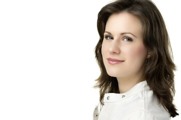 Brunette woman with white leather jacket — Stock Photo, Image