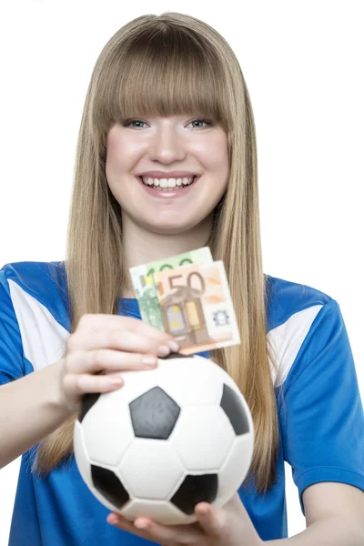 Meninas caixa de dinheiro de futebol — Fotografia de Stock