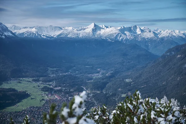 Vista Desde Montaña Wank Los Alpes Con Nieve Baviera Cerca — Foto de Stock