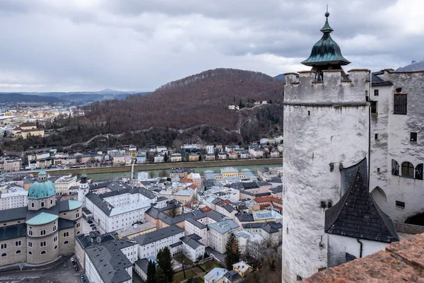 Vista Ciudad Salzburgo Castillo Austria Europa Febrero — Foto de Stock