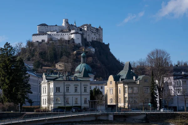 Vista Ciudad Salzburgo Castillo Austria Europa Febrero Fotos de stock libres de derechos