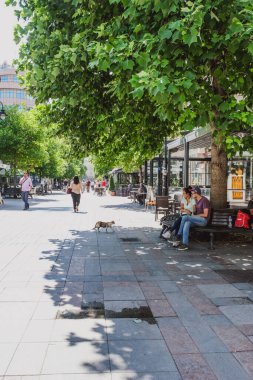 Skopje, Republic of North Macedonia - August 2021: Central area of Skopje walking street, Republic of North Macedonia
