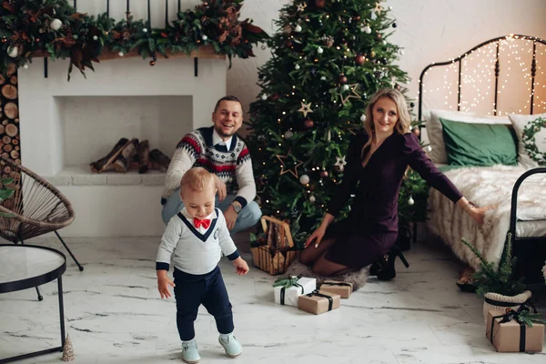 Pequeña y encantadora familia preparándose para Navidad y Año Nuevo —  Fotos de Stock