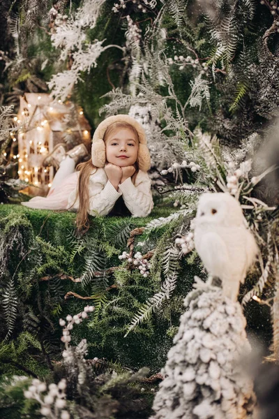 Фотографія привабливої маленької дівчинки в легкому одязі лежить на різдвяному прикрасі з деревами і трохи білою совою — стокове фото