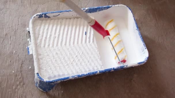 Whitewashing a wall with roller paintbrush — Stok video