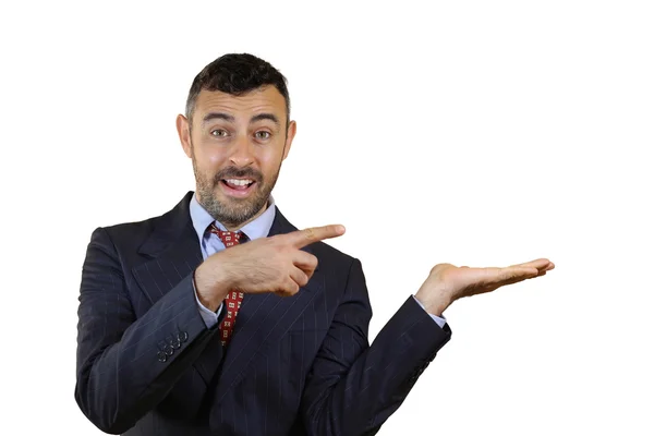 Enthusiastic man pointing to his empty palm — Stock Photo, Image