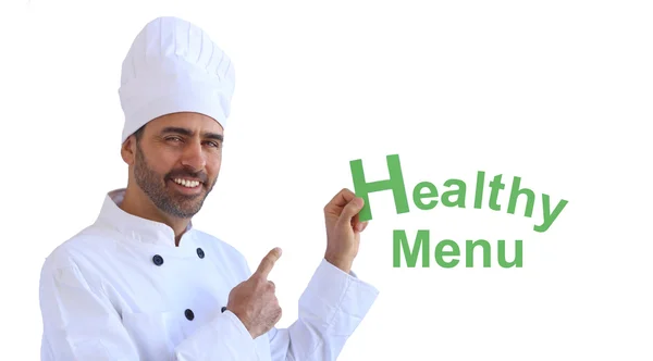 Chef segurando um sinal dizendo Menu saudável — Fotografia de Stock