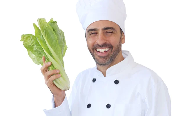 Cocinero o chef sosteniendo una lechuga fresca —  Fotos de Stock