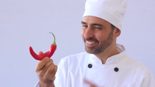 Koch mit roter Chilischote — Stockvideo