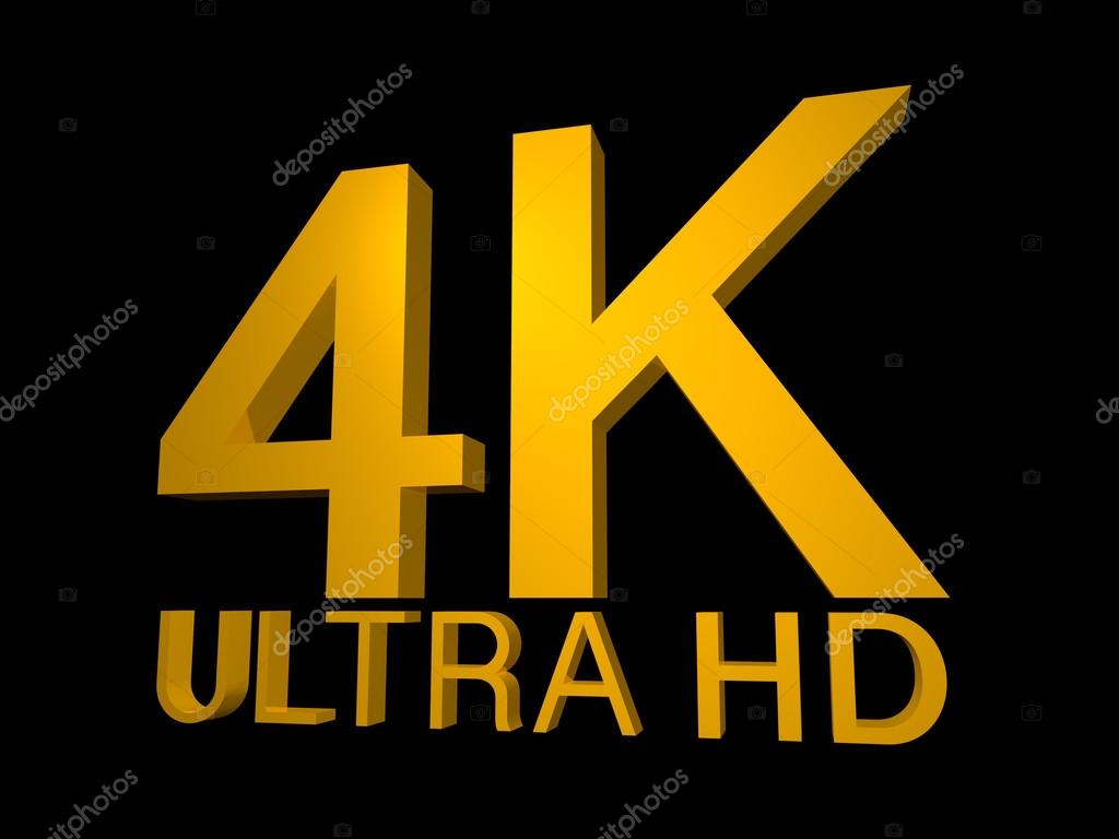 4K Ultra HD Logo in 3d golden lettering with a highlight to the K and an angled perspective on a black background