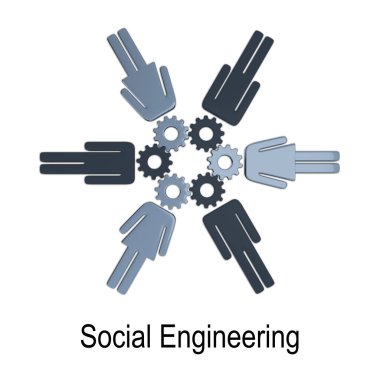 SOSYAL ENGINEERING 'in 3 boyutlu çizimi altı insan silueti ile birlikte başları beyaz üzerinde izole edilmiş dişli şeklindedir. 