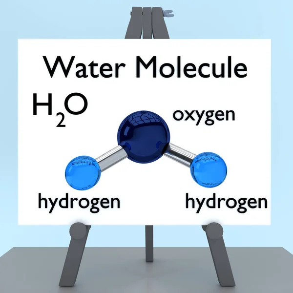 水分子几何结构之上的水分子名称的三维图解 显示在三脚架上 — 图库照片