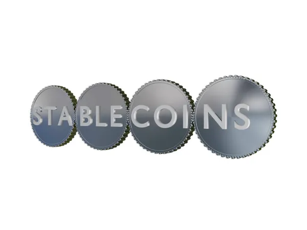 Ilustración Letras Cuatro Monedas Que Componen Palabra Stablecoins Aisladas Blanco — Foto de Stock